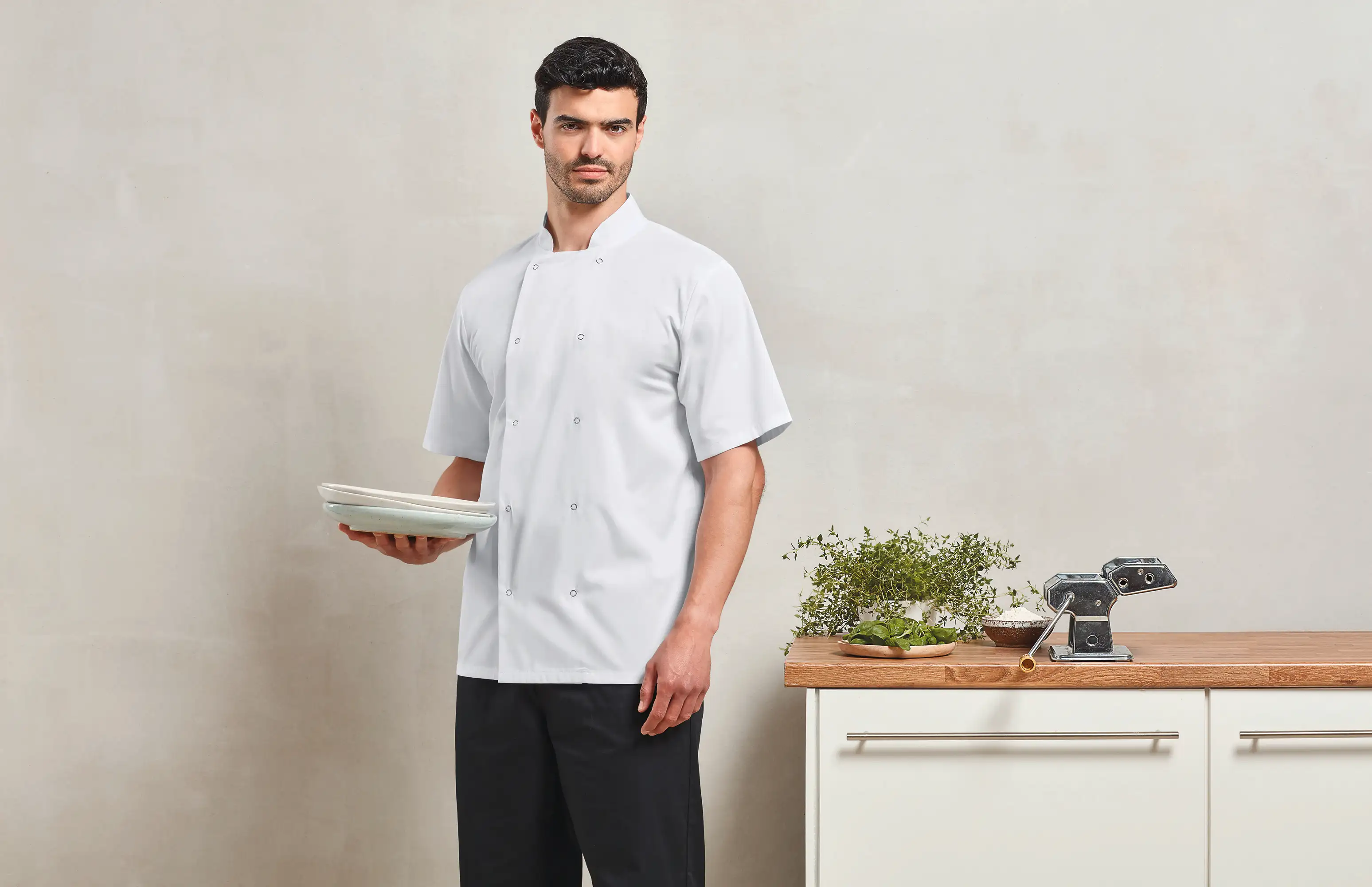 Veste de cuisine manches courtes à boutons pression Premier